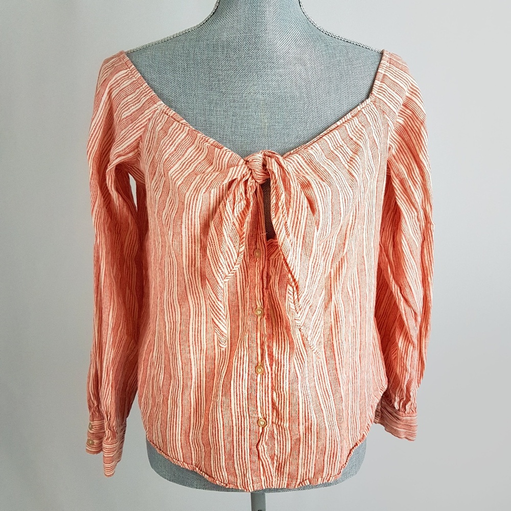Free People Orange Tie Front Long Sleeves Top M